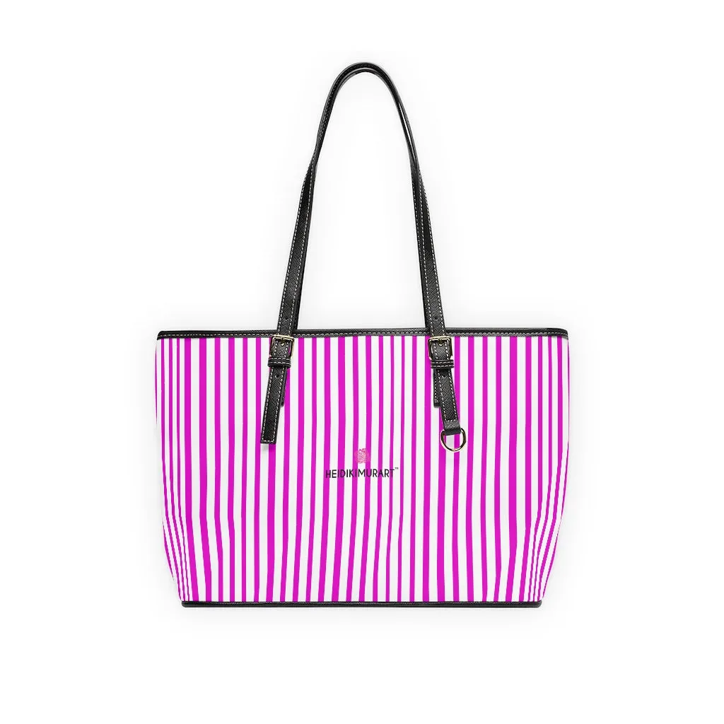 Pink Striped Print Tote Bag, Best Designer PU Leather Shoulder Hand Work Bag 17"x11"/ 16"x10"