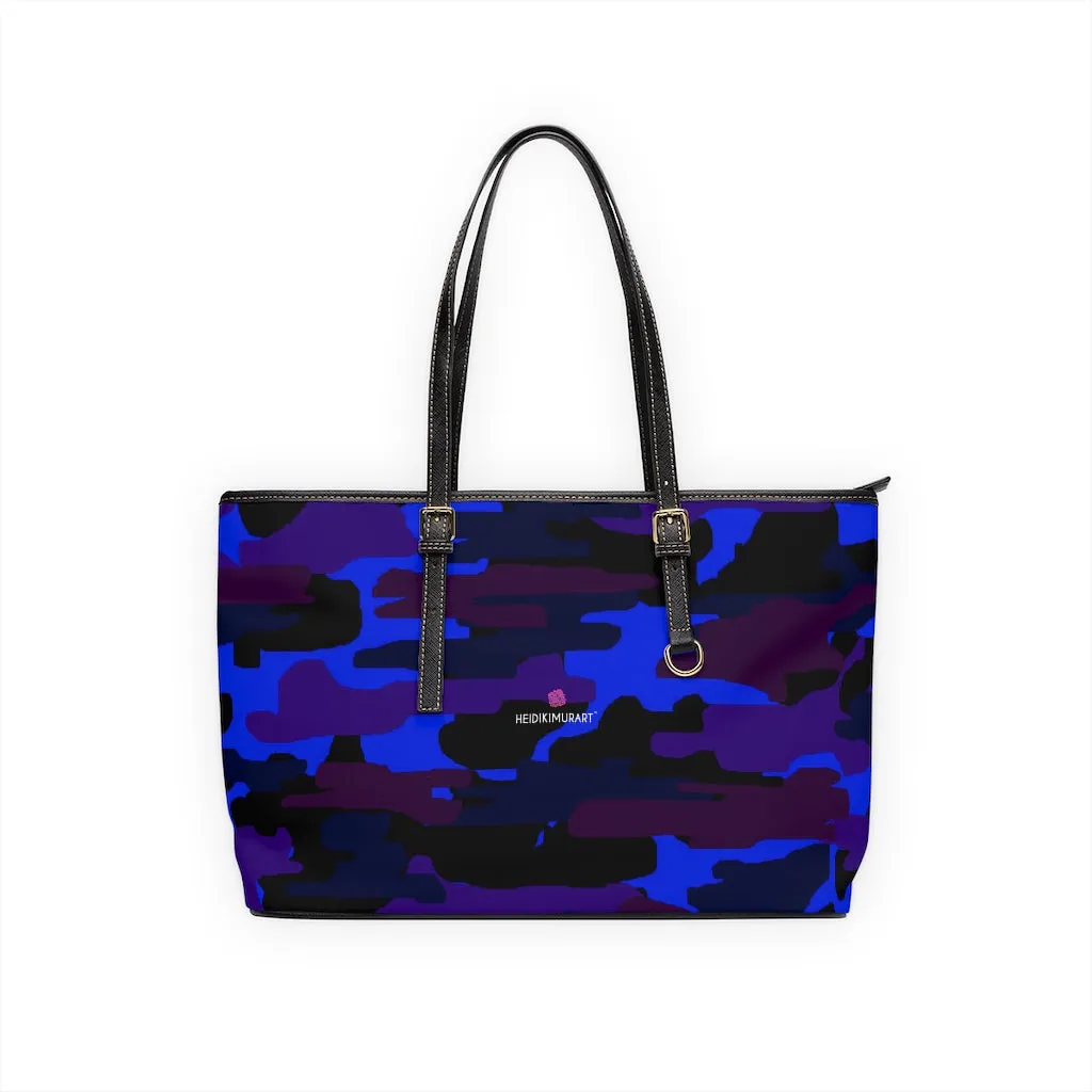 Purple Camo Print Tote Bag, Army Printed PU Leather Shoulder Hand Work Bag 17"x11"/ 16"x10"