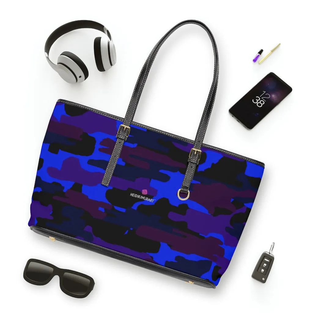 Purple Camo Print Tote Bag, Army Printed PU Leather Shoulder Hand Work Bag 17"x11"/ 16"x10"