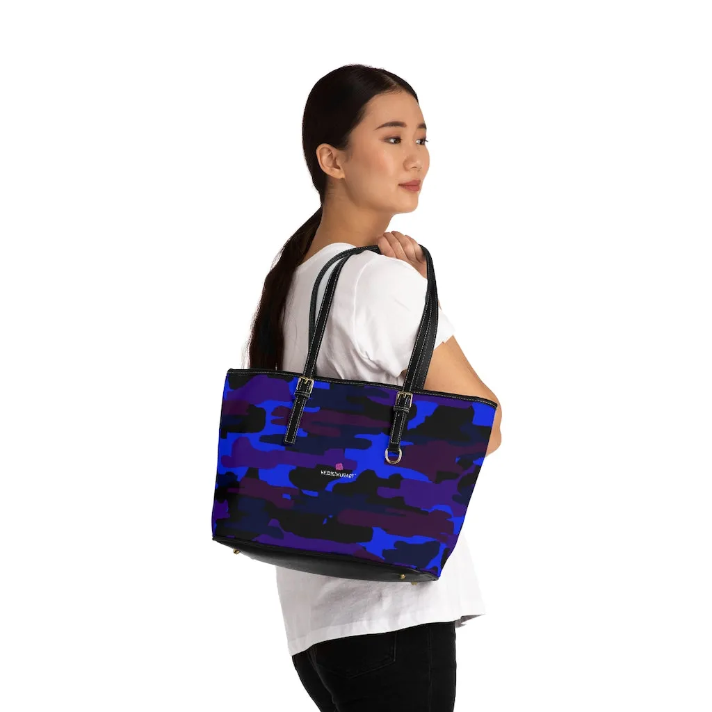 Purple Camo Print Tote Bag, Army Printed PU Leather Shoulder Hand Work Bag 17"x11"/ 16"x10"