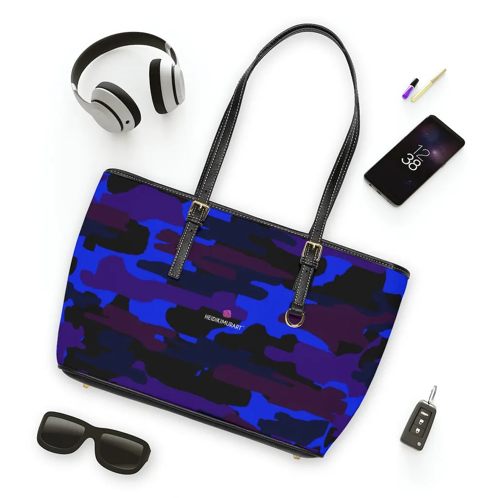 Purple Camo Print Tote Bag, Army Printed PU Leather Shoulder Hand Work Bag 17"x11"/ 16"x10"