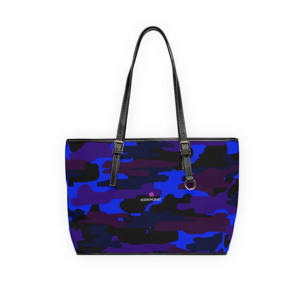 Purple Camo Print Tote Bag, Army Printed PU Leather Shoulder Hand Work Bag 17"x11"/ 16"x10"