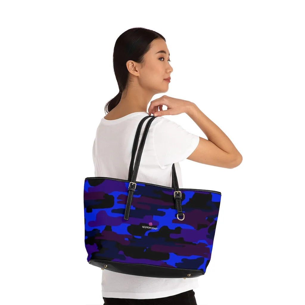 Purple Camo Print Tote Bag, Army Printed PU Leather Shoulder Hand Work Bag 17"x11"/ 16"x10"