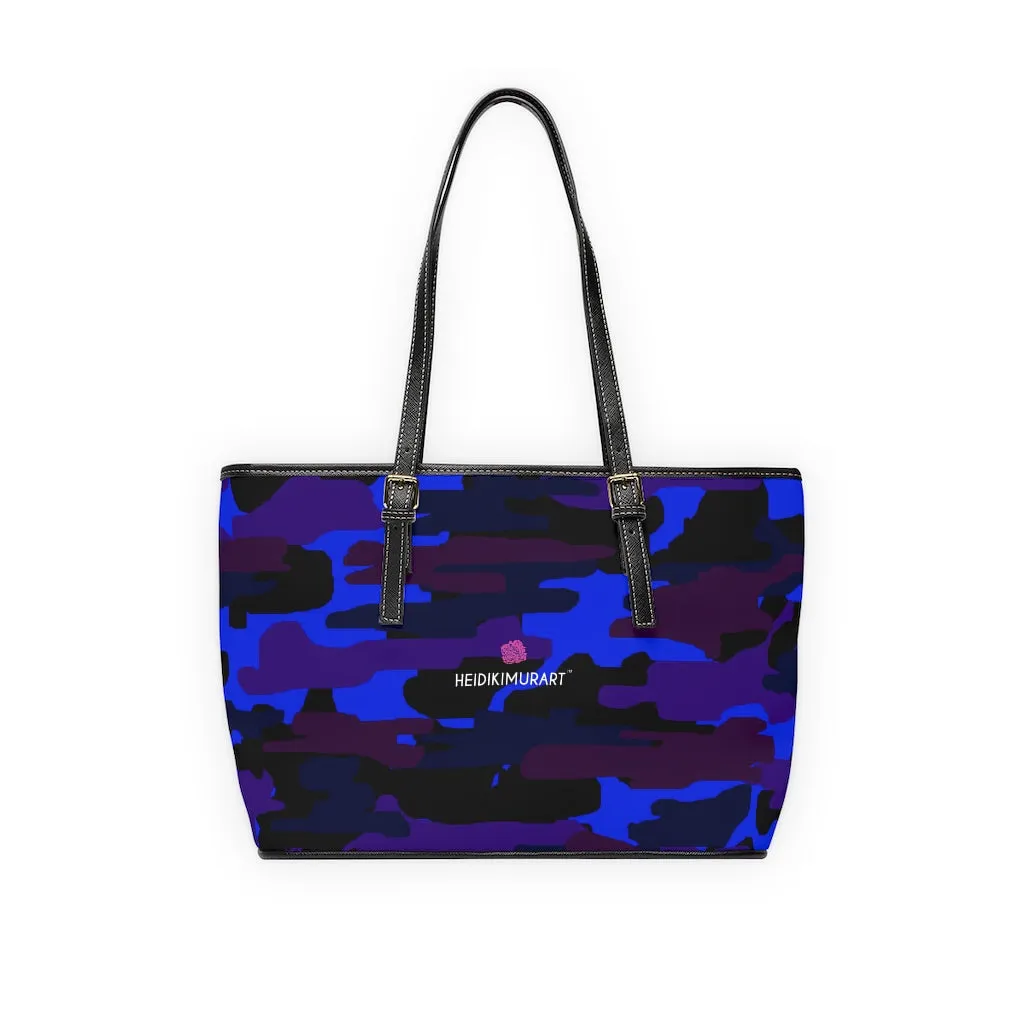 Purple Camo Print Tote Bag, Army Printed PU Leather Shoulder Hand Work Bag 17"x11"/ 16"x10"