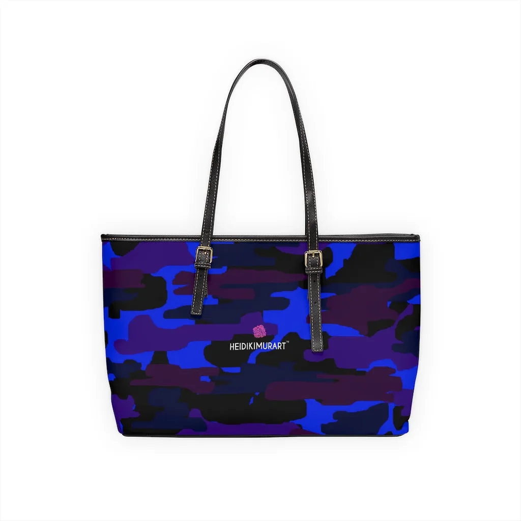 Purple Camo Print Tote Bag, Army Printed PU Leather Shoulder Hand Work Bag 17"x11"/ 16"x10"