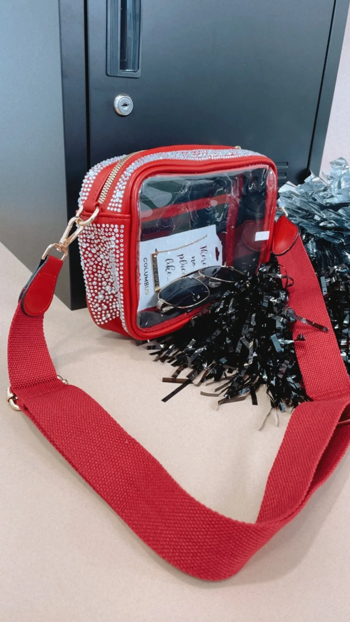 Rhinestone Stadium Crossbody Bag, Red