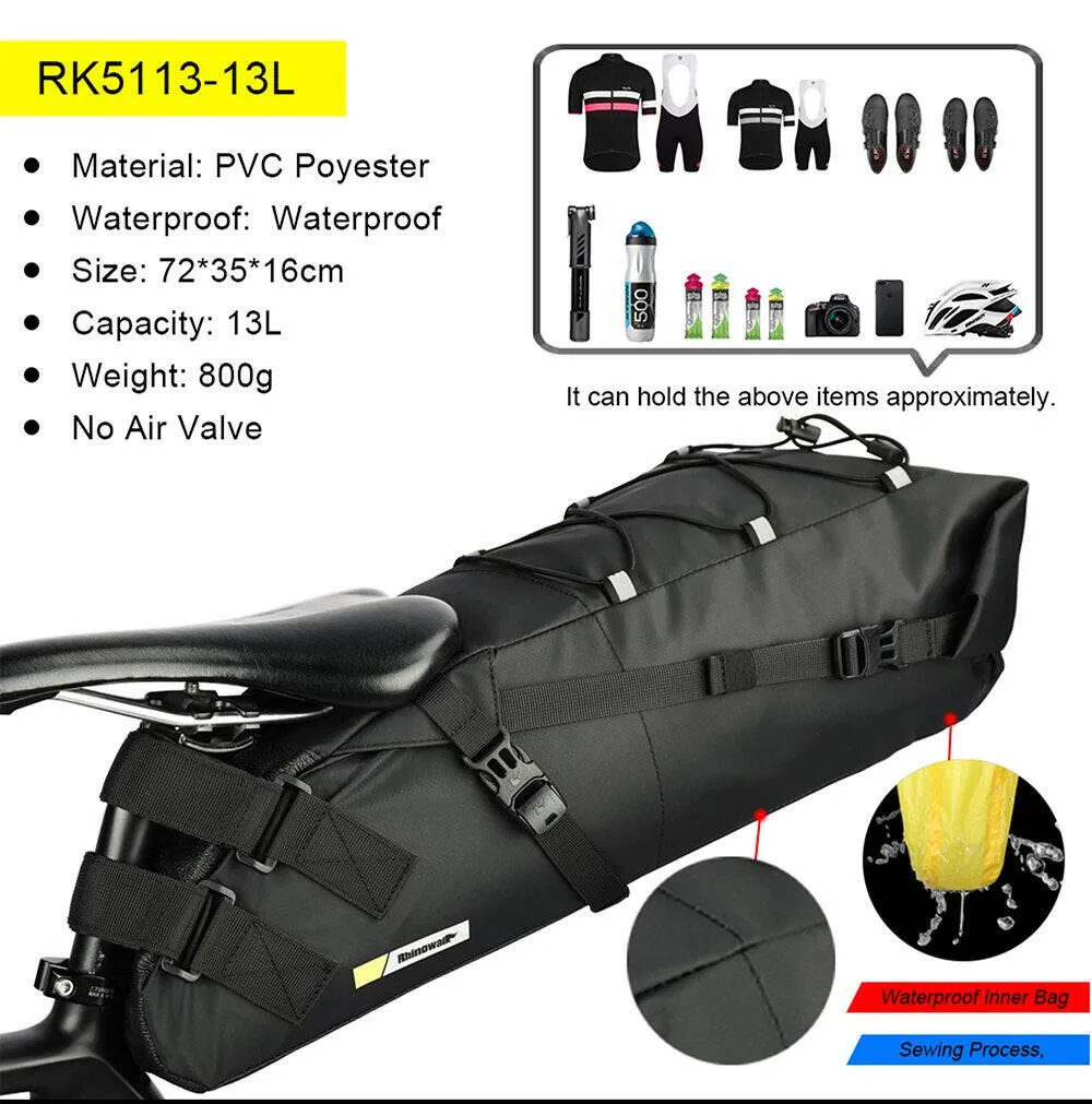 Rhinowalk Bike Saddle Bag Waterproof MTB Road Bicycle 13L Large Capacity Cycling Bag Foldabe Tail Rear Bag Trunk Accessories