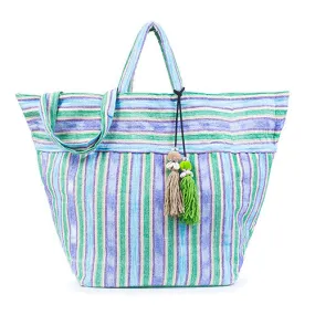 Samui Stripe Puka Tassel Beach Bag Green