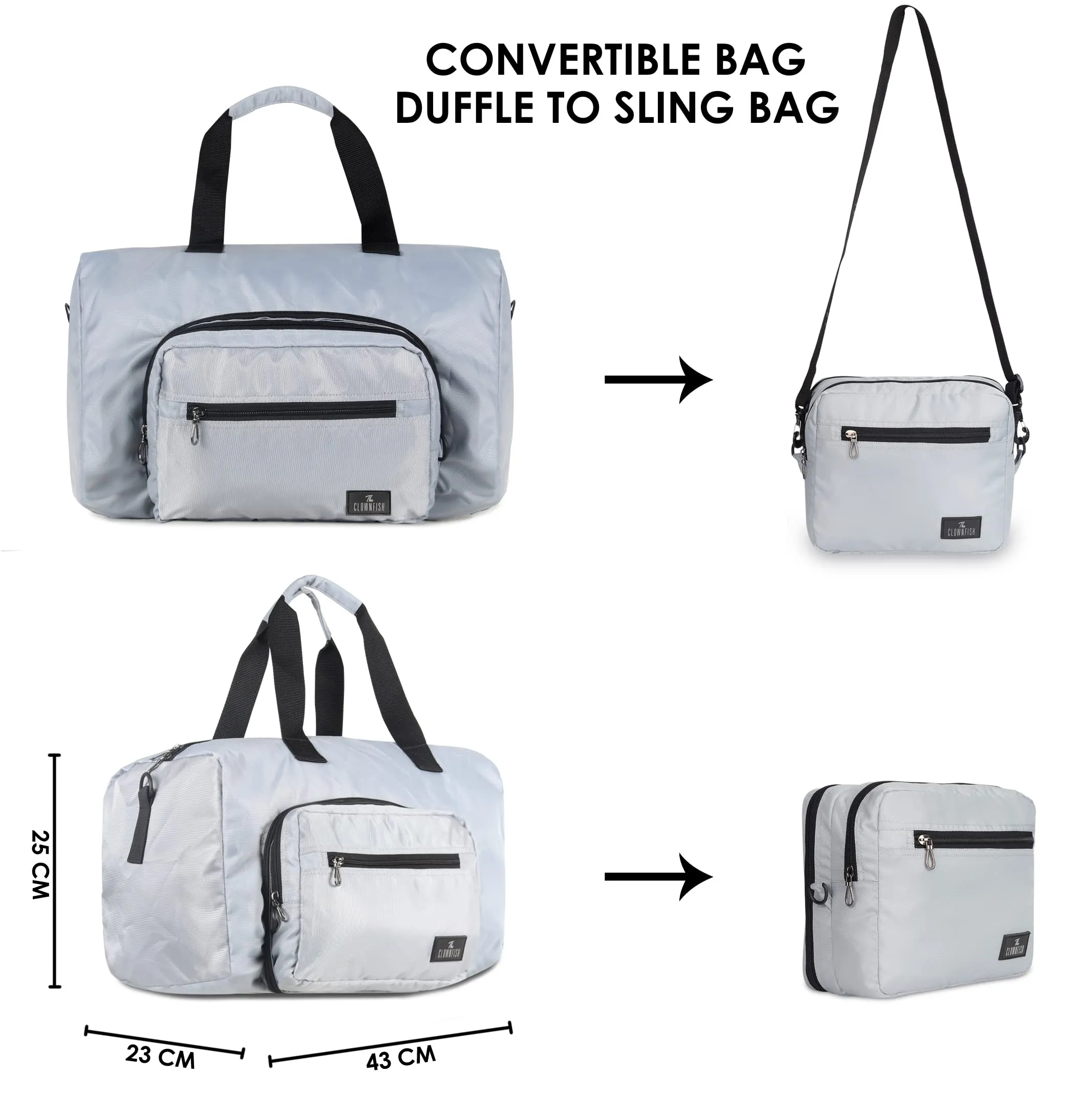 The Clownfish Rebecca Series 25 litres Polyester Convertible Travel Duffle Bag Weekender Bag Crossbody Sling Bag (Light Grey)