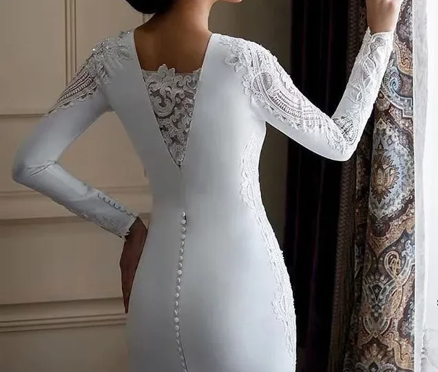 Women Elegant Long Sleeve Sheath Lace wedding dress