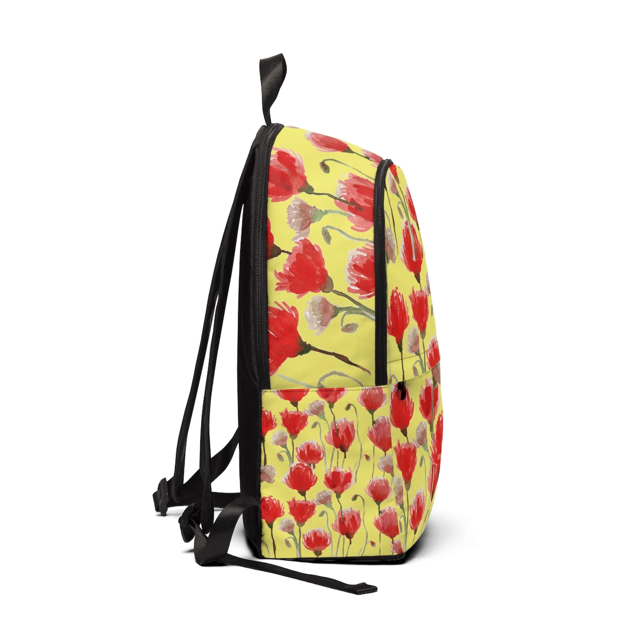 Yellow Red Poppy Backpack, Flower Floral Print Designer Unisex Fabric Backpack School Bag With Laptop Slot