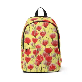 Yellow Red Poppy Backpack, Flower Floral Print Designer Unisex Fabric Backpack School Bag With Laptop Slot