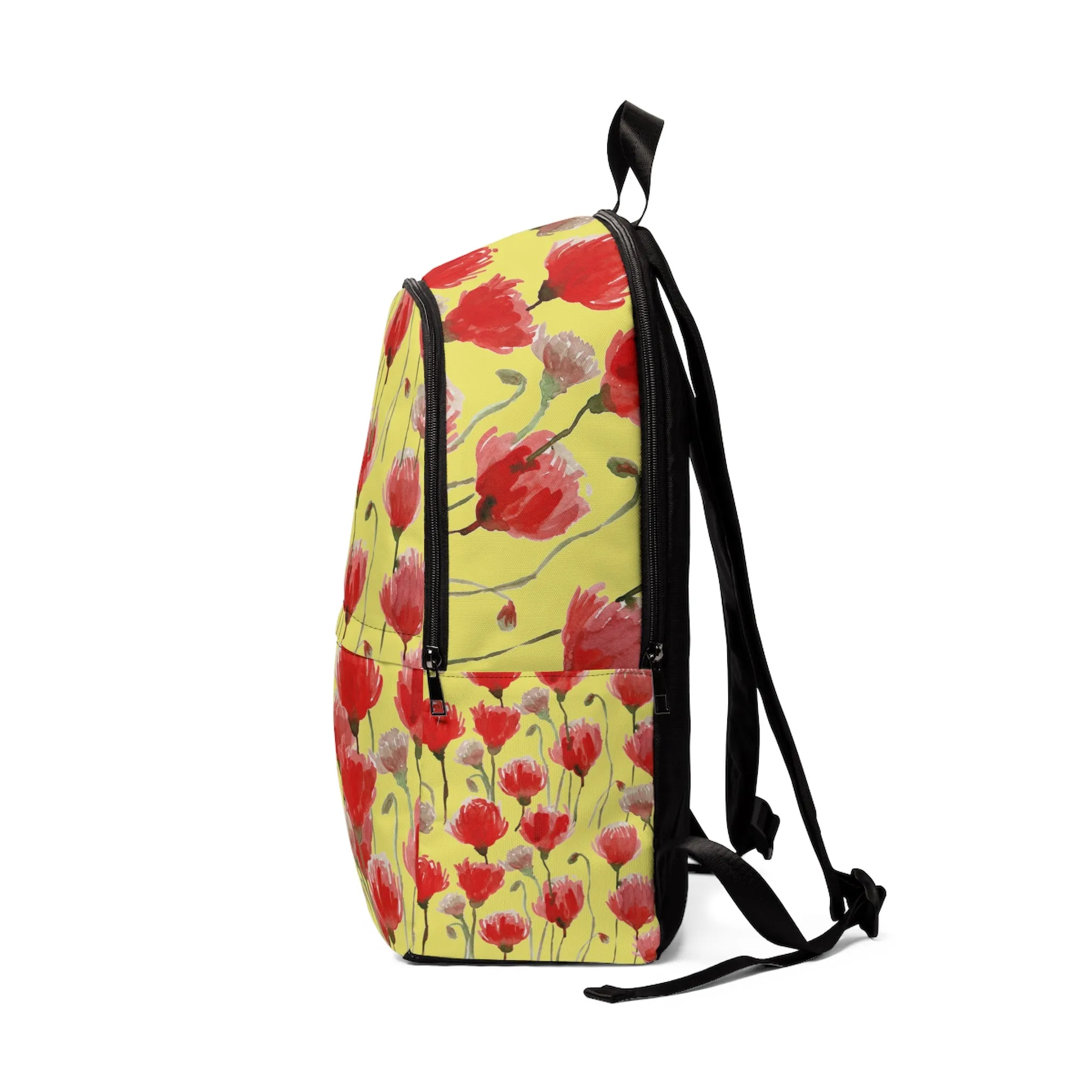 Yellow Red Poppy Backpack, Flower Floral Print Designer Unisex Fabric Backpack School Bag With Laptop Slot